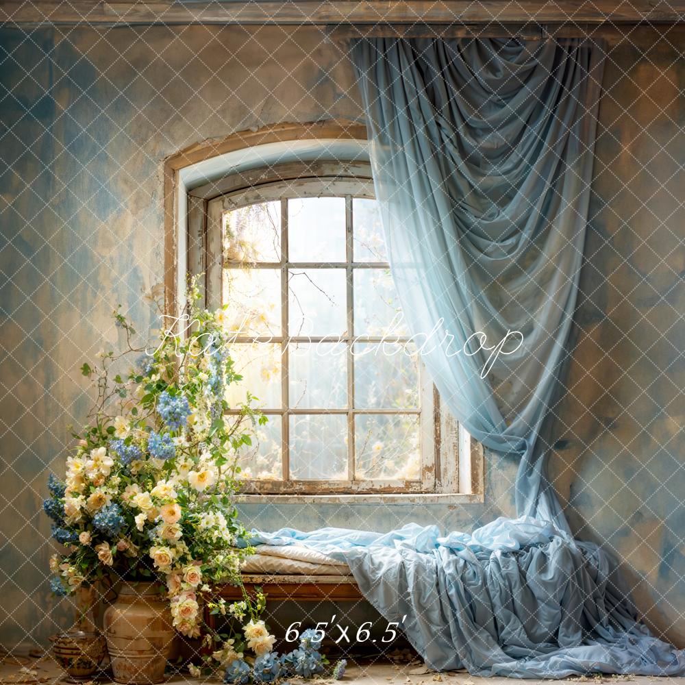 Kate Spring Blue Curtains Flowers Windows Room Backdrop Designed by Emetselch - Image 6
