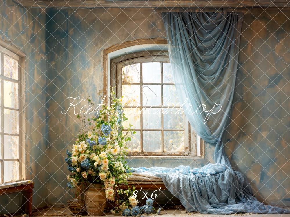 Kate Spring Blue Curtains Flowers Windows Room Backdrop Designed by Emetselch - Image 7