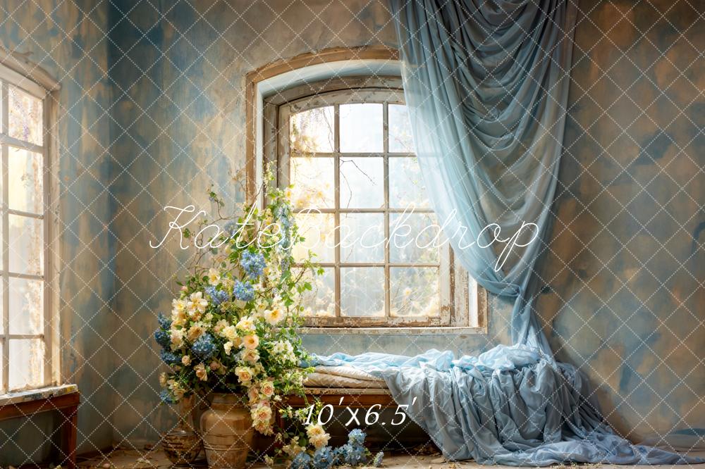 Kate Spring Blue Curtains Flowers Windows Room Backdrop Designed by Emetselch - Image 8