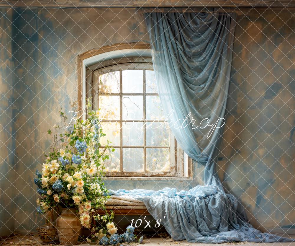 Kate Spring Blue Curtains Flowers Windows Room Backdrop Designed by Emetselch - Image 9