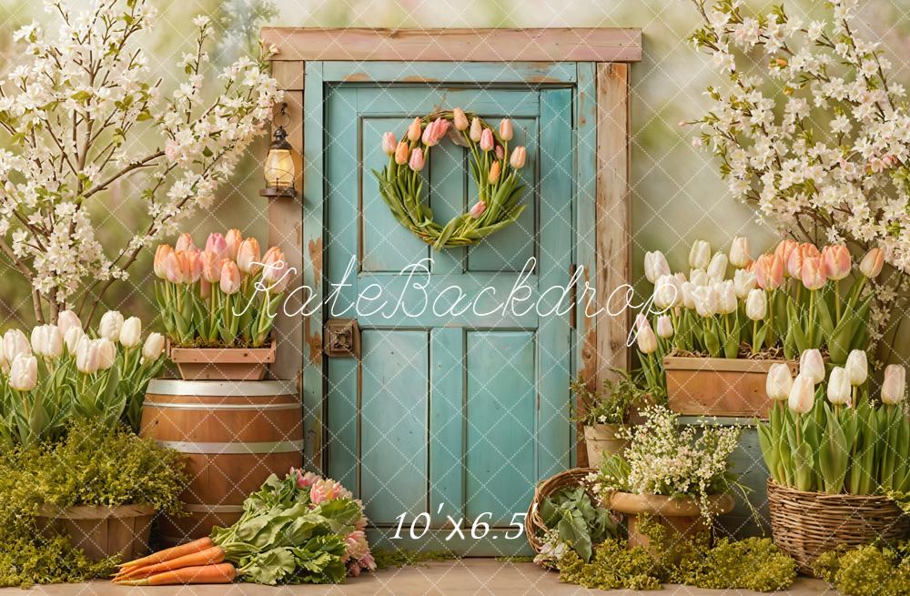 Kate Spring Blue Door Tulips Fleece Backdrop Designed by Emetselch - Image 2