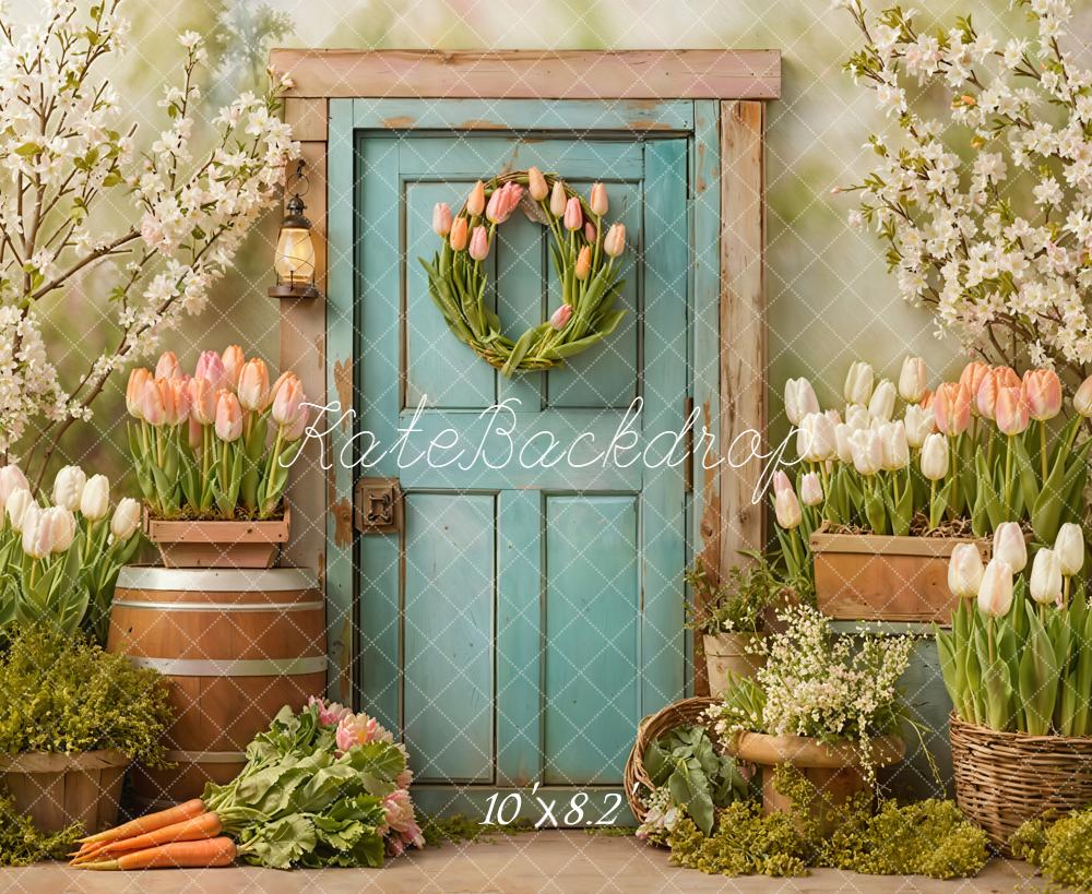 Kate Spring Blue Door Tulips Fleece Backdrop Designed by Emetselch - Image 3