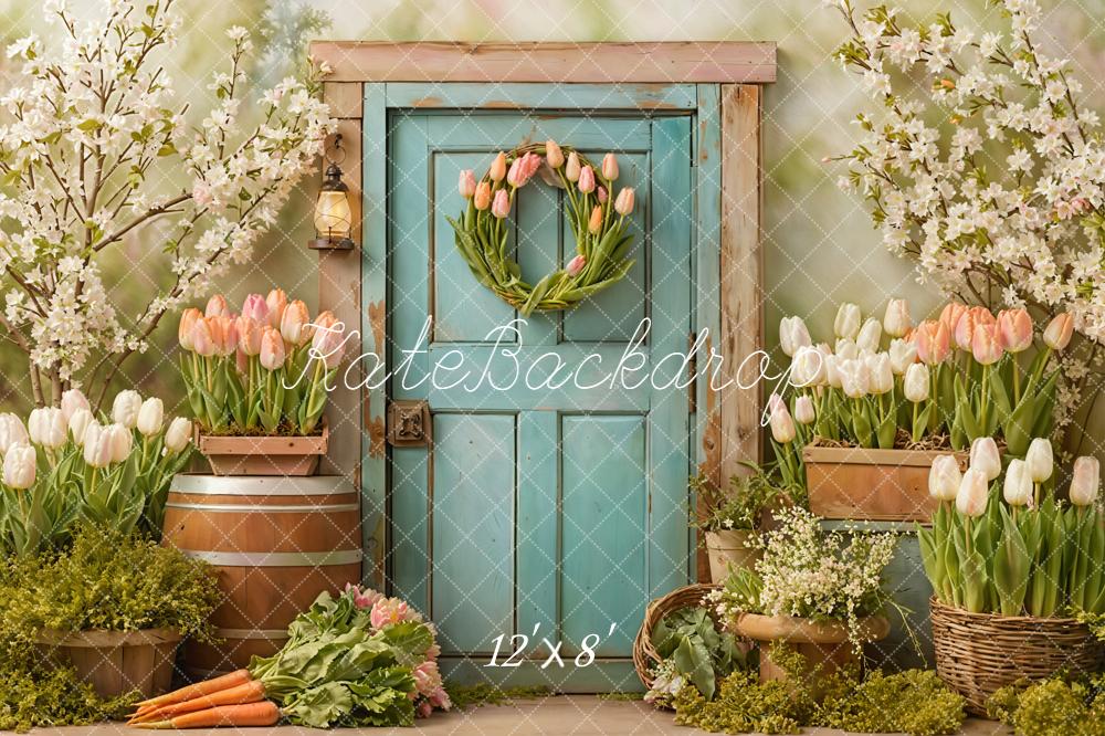 Kate Spring Blue Door Tulips Fleece Backdrop Designed by Emetselch - Image 4