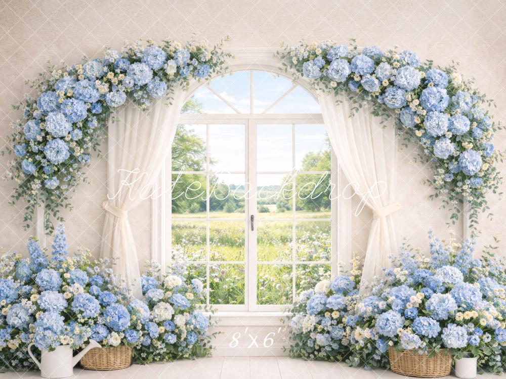 Kate Spring Blue Hydrangea Arch Window Fleece Backdrop Designed by Megan Leigh Photography