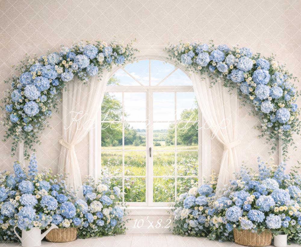 Kate Spring Blue Hydrangea Arch Window Fleece Backdrop Designed by Megan Leigh Photography - Image 3
