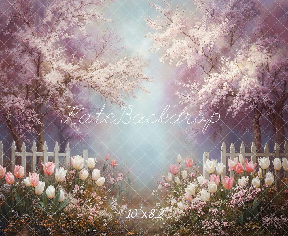 Kate Spring Cherry Blossom Tulips Fence Fleece Backdrop Designed by Emetselch - Image 3