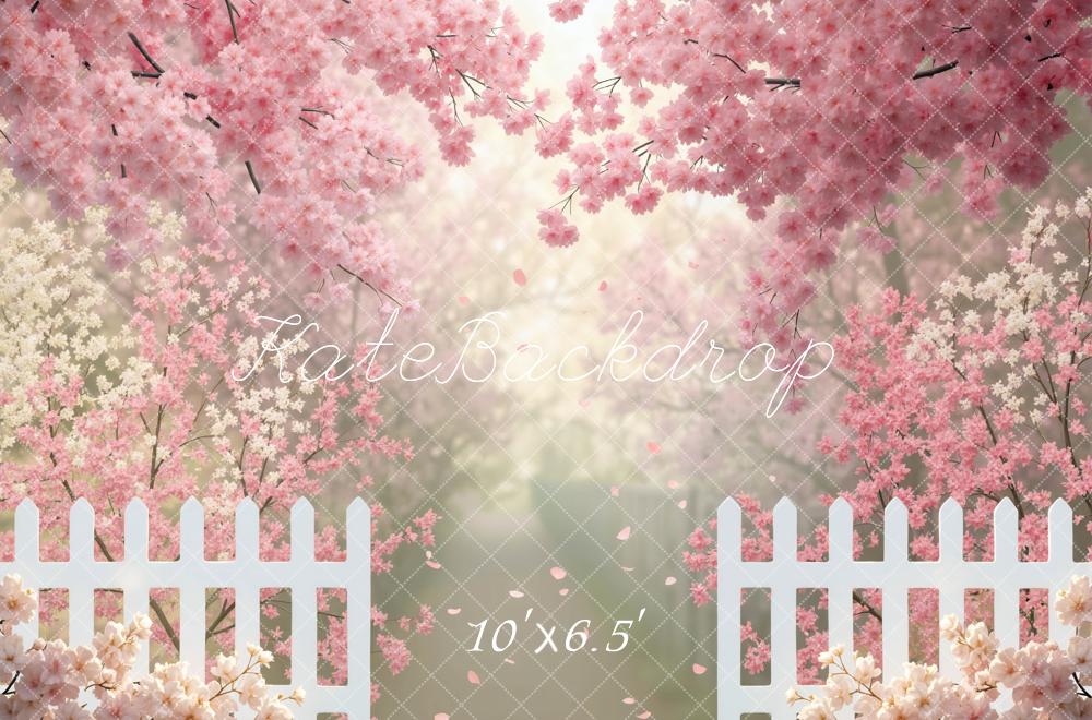 Kate Spring Cherry Blossom White Fence Backdrop Designed by Mini MakeBelieve - Image 4
