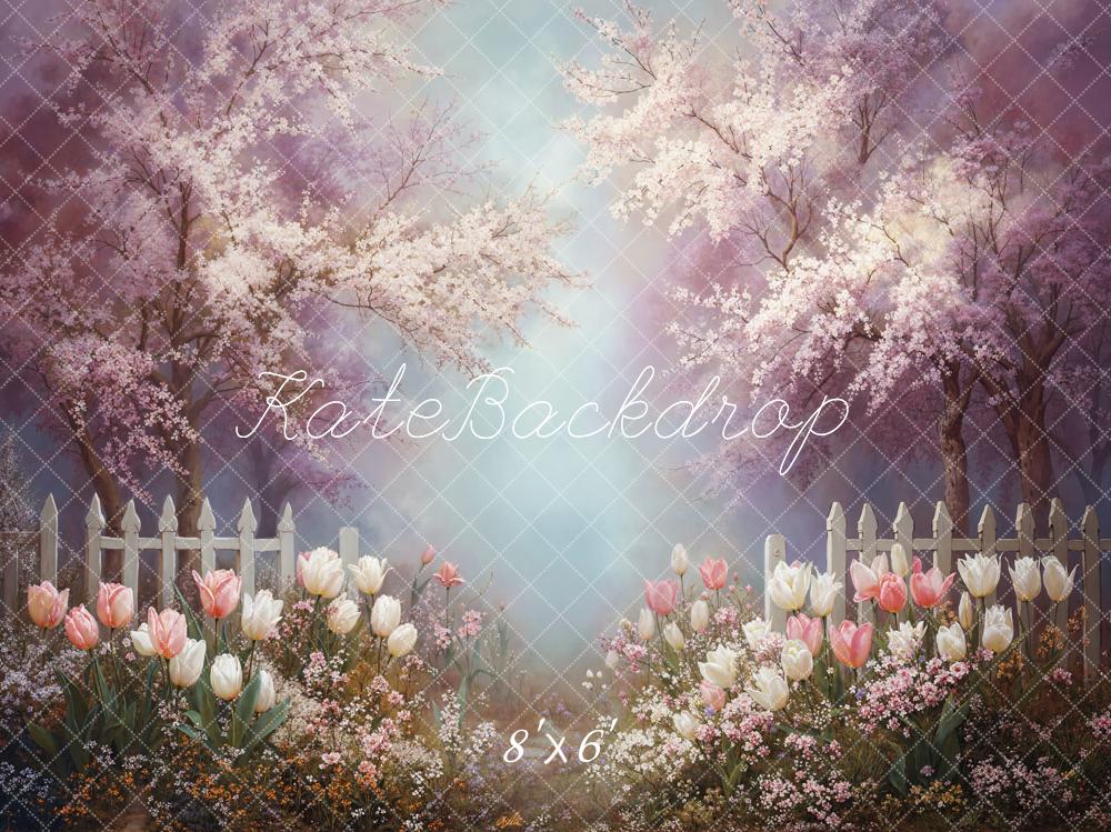 Kate Spring Cherry Blossom White Fence Backdrop Designed by Emetselch - Image 3