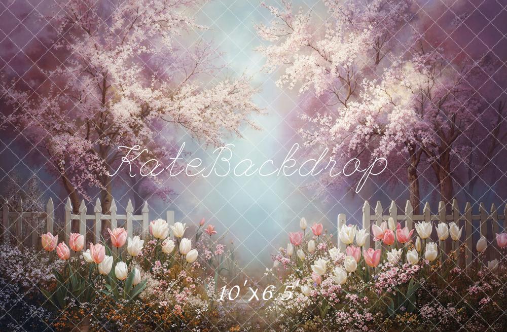 Kate Spring Cherry Blossom White Fence Backdrop Designed by Emetselch - Image 4