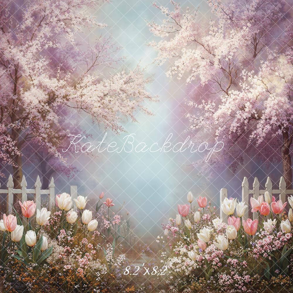Kate Spring Cherry Blossom White Fence Backdrop Designed by Emetselch - Image 5