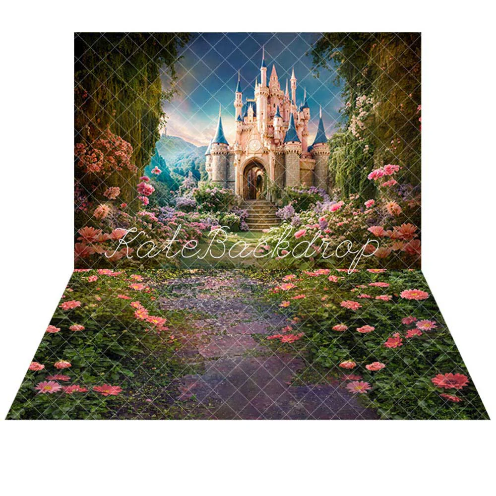 Kate Spring Fantasy Forest Flower Castle Backdrop+Pink Rose Stone Floor Backdrop - Image 2