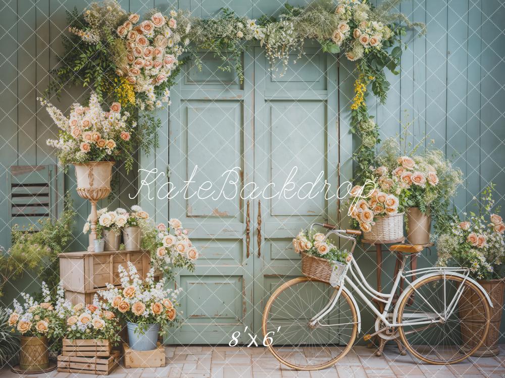 Kate Spring Floral Bicycle Pastel Green Door Backdrop Designed by Emetselch - Image 3