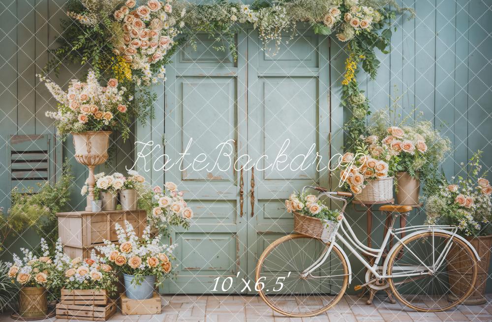 Kate Spring Floral Bicycle Pastel Green Door Backdrop Designed by Emetselch - Image 4
