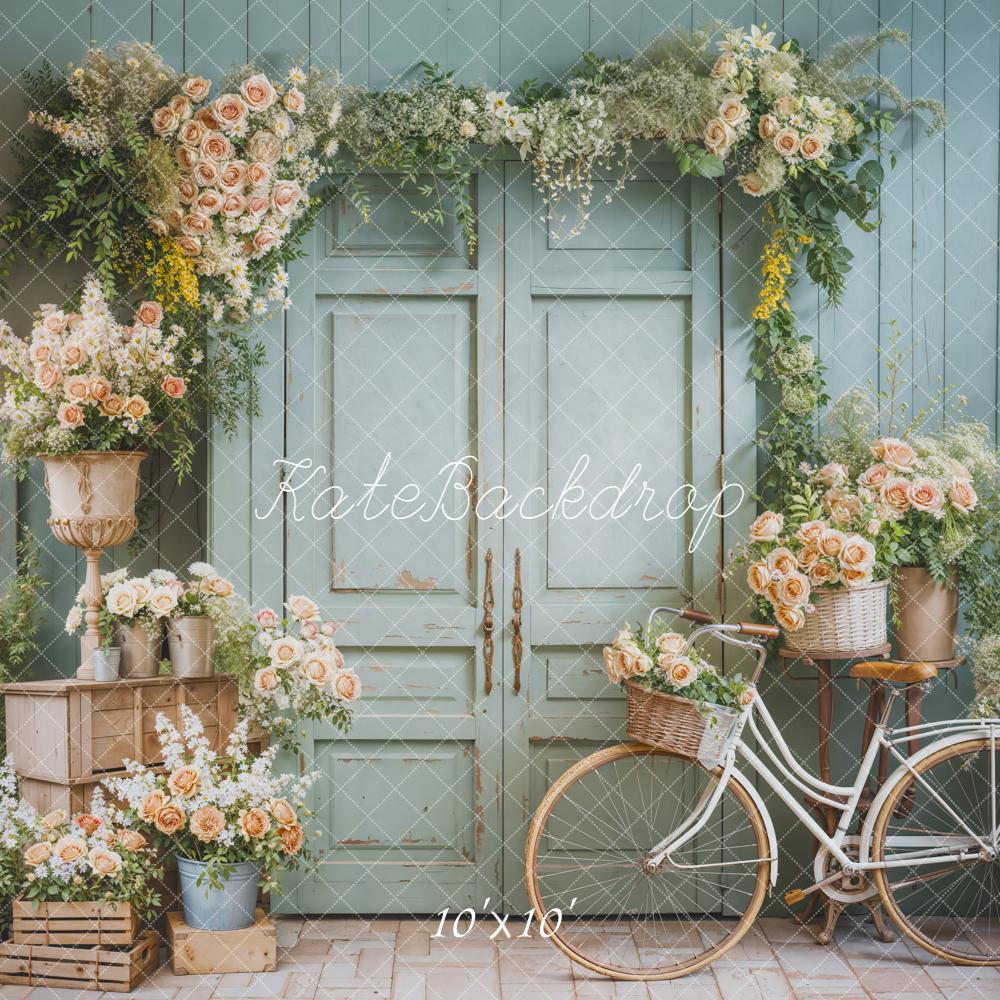 Kate Spring Floral Bicycle Pastel Green Door Backdrop Designed by Emetselch - Image 7