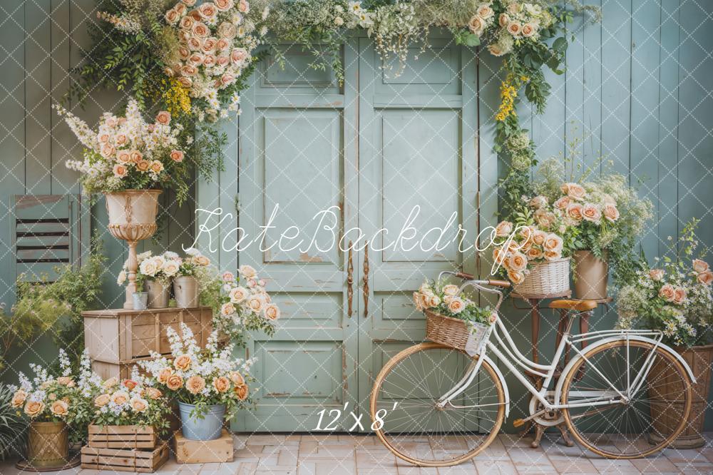 Kate Spring Floral Bicycle Pastel Green Door Backdrop Designed by Emetselch - Image 8