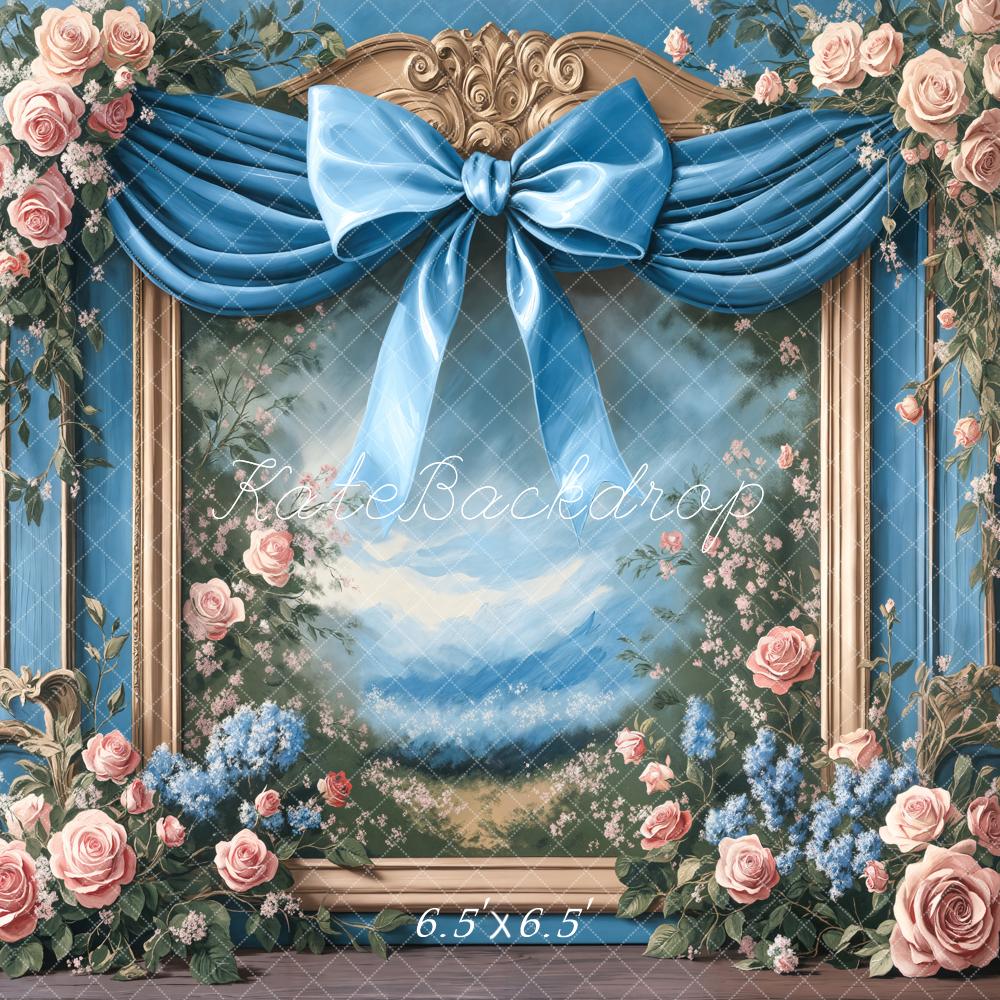 Kate Spring Floral Blue Bow Framed Backdrop Designed by Chain photography - Image 2