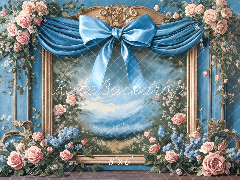 Kate Spring Floral Blue Bow Framed Backdrop Designed by Chain photography - Image 3