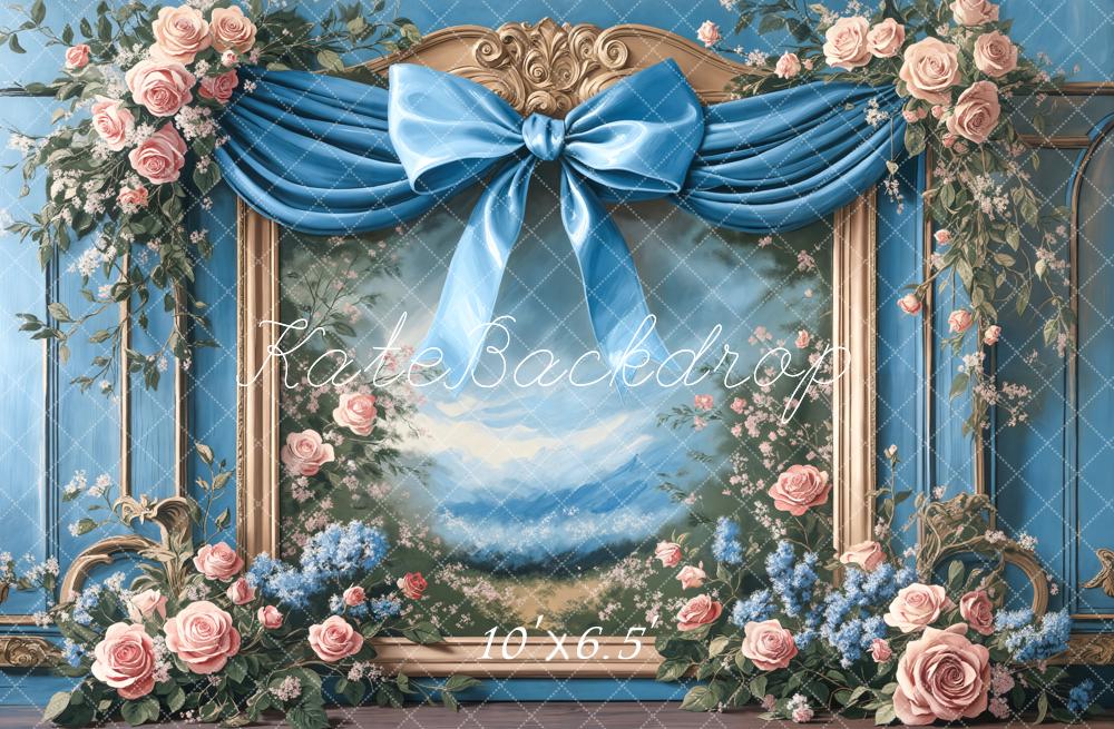 Kate Spring Floral Blue Bow Framed Backdrop Designed by Chain photography - Image 4
