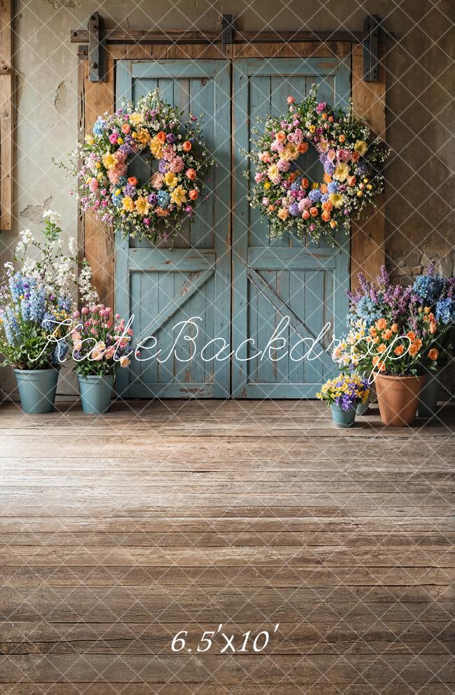 Kate Spring Floral Rustic Blue Door Backdrop Designed by Emetselch - Image 2