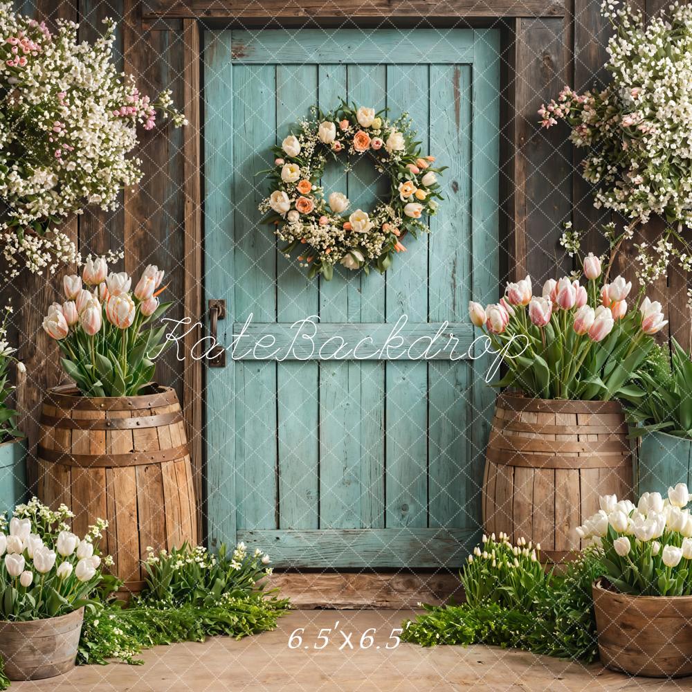Kate Spring Floral Rustic Door Tulips Backdrop Designed by Emetselch - Image 2