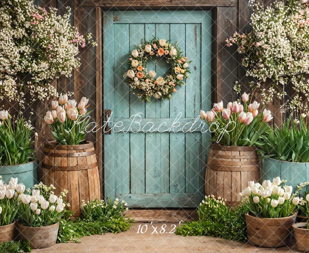 Kate Spring Floral Rustic Door Tulips Backdrop Designed by Emetselch - Image 5