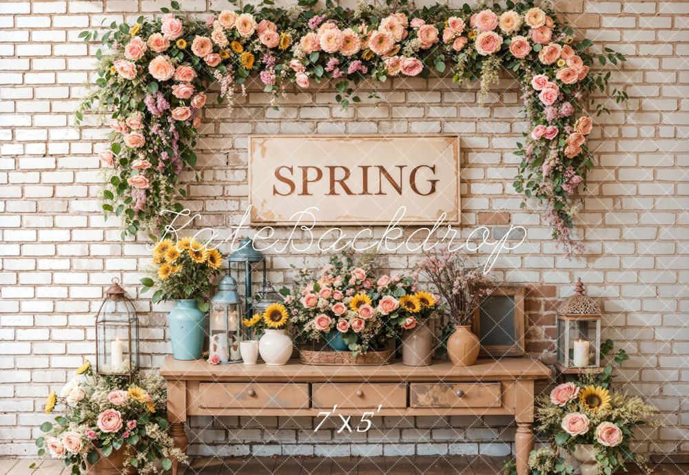 Kate Spring Floral Vintage Brick Wall Backdrop Designed by Emetselch - Image 2