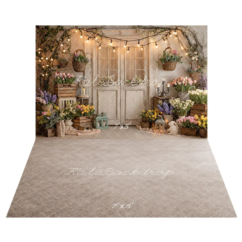 Kate Spring Floral White Door String Lights Backdrop+Beige Floor Texture Backdrop - Image 2