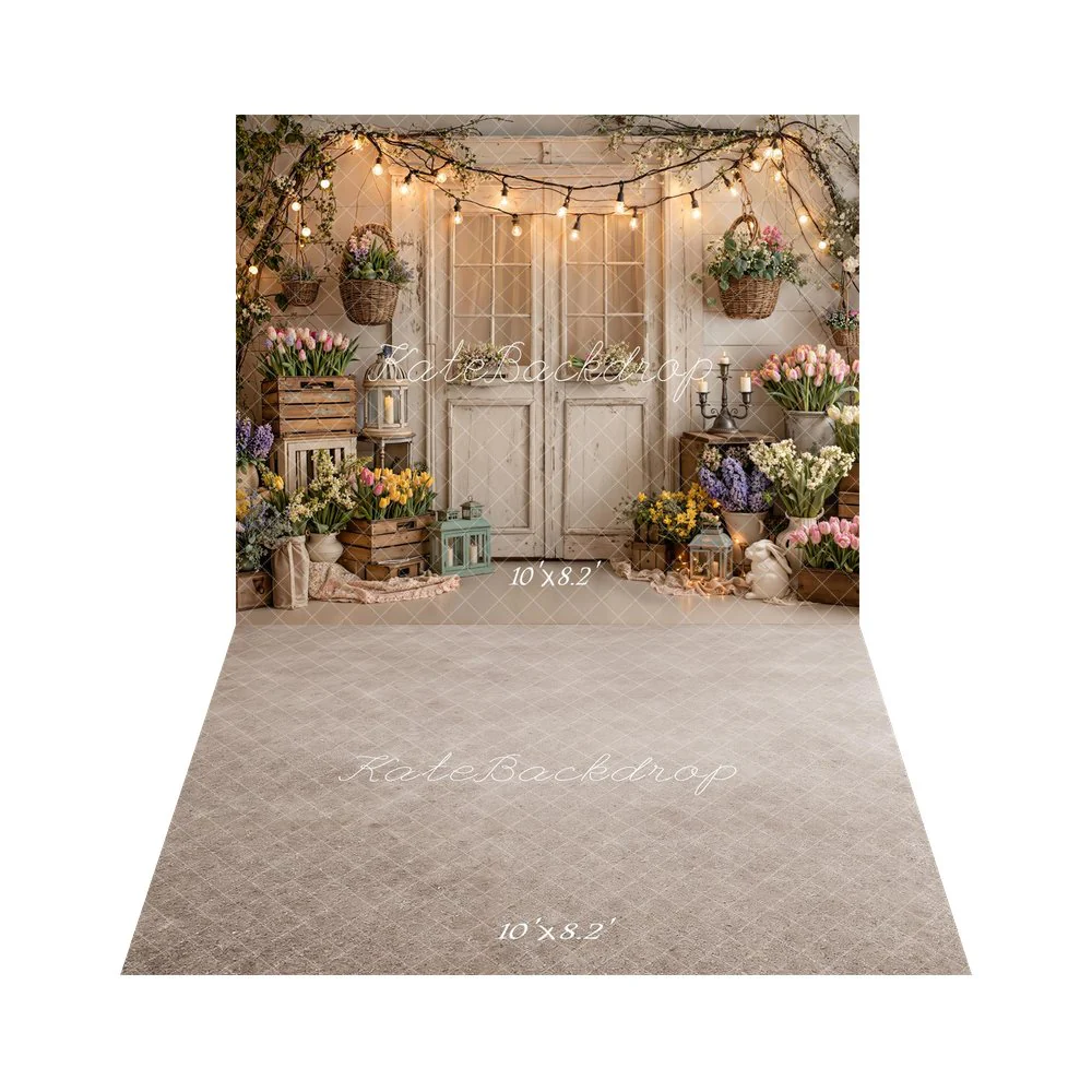 Kate Spring Floral White Door String Lights Backdrop+Beige Floor Texture Backdrop - Image 3