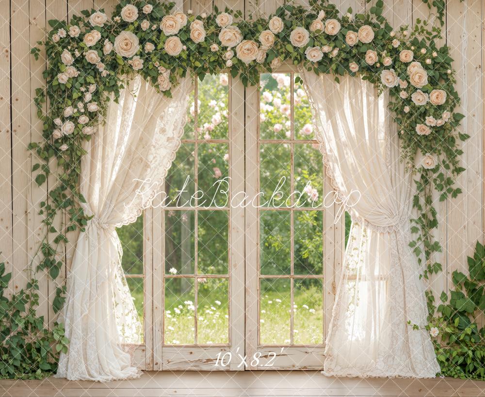 Kate Spring Floral Window White Curtains Fleece Backdrop Designed by Emstselch - Image 3