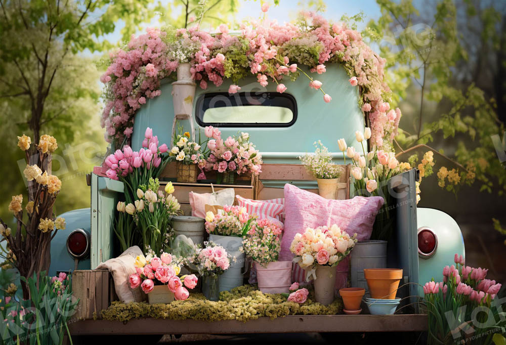 Kate Spring Flower Green Truck Backdrop Designed by Emetselch - Image 2