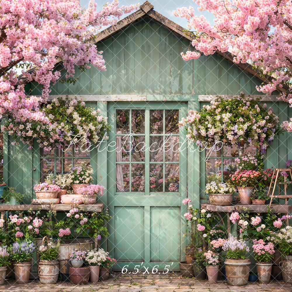 Kate Spring Flower Green Wooden House Backdrop Designed by Emetselch - Image 2