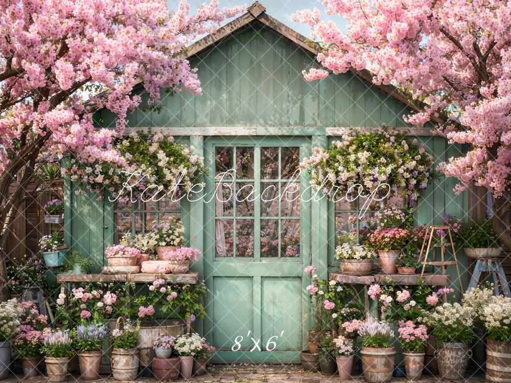 Kate Spring Flower Green Wooden House Backdrop Designed by Emetselch - Image 3