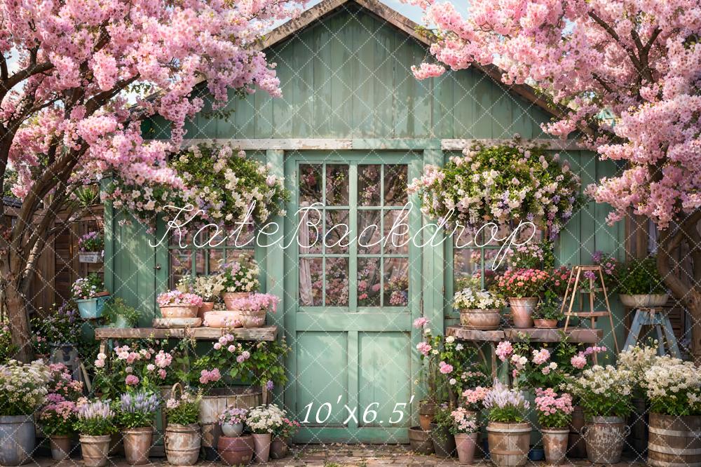 Kate Spring Flower Green Wooden House Backdrop Designed by Emetselch - Image 4