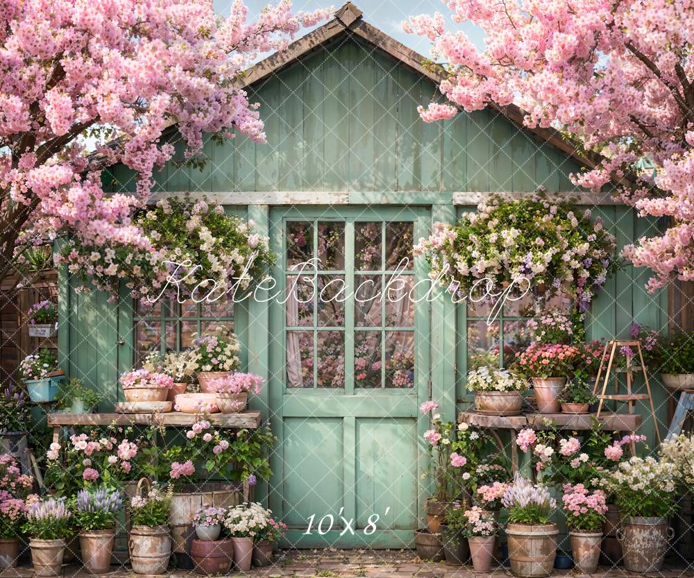 Kate Spring Flower Green Wooden House Backdrop Designed by Emetselch - Image 5
