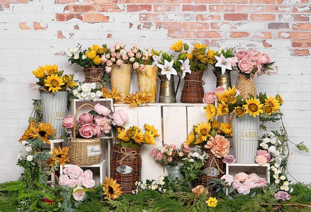 Kate Spring Flower Shop Sunflower Brick Wall Backdrop Designed by Emetselch - Image 2