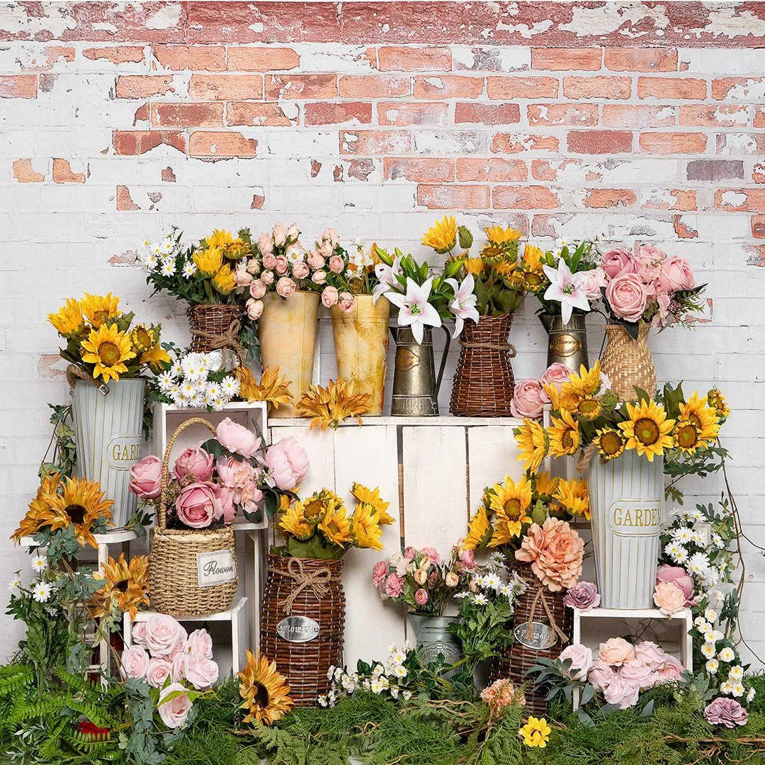 Kate Spring Flower Shop Sunflower Brick Wall Backdrop Designed by Emetselch - Image 5