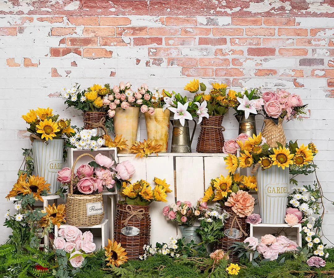 Kate Spring Flower Shop Sunflower Brick Wall Backdrop Designed by Emetselch - Image 6