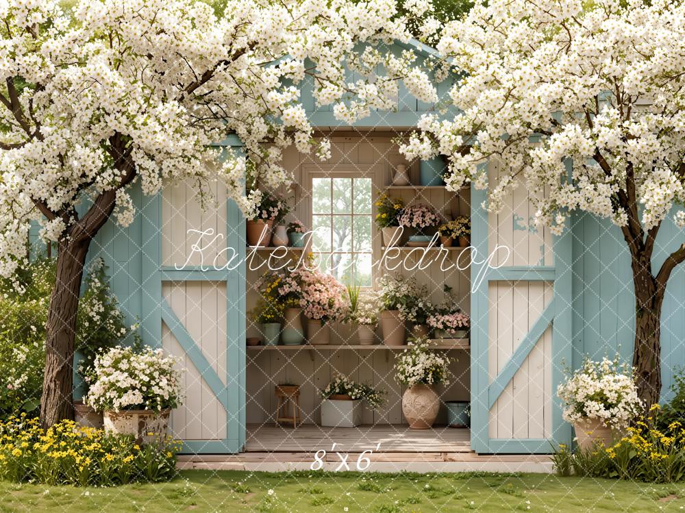 Kate Spring Flowering Trees Blue Shed Backdrop Designed by Emetselch - Image 3