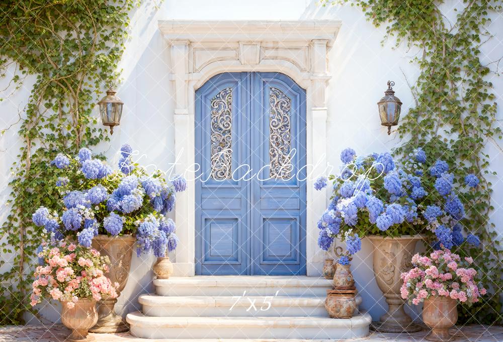 Kate Spring Flowers Blue Door Backdrop Designed by Emetselch - Image 2