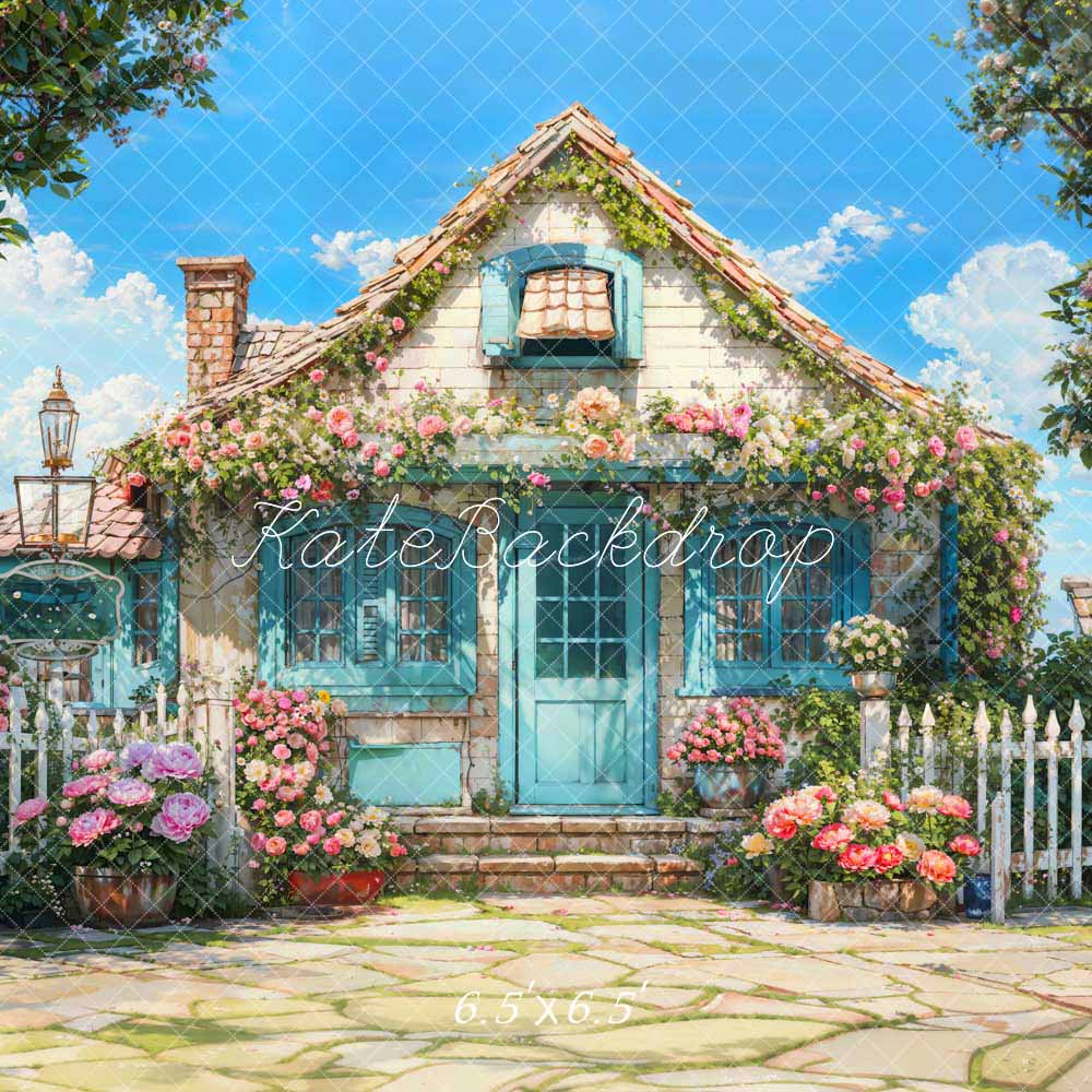 Kate Spring Flowers Fence Blue House Backdrop Designed by Emetselch - Image 2