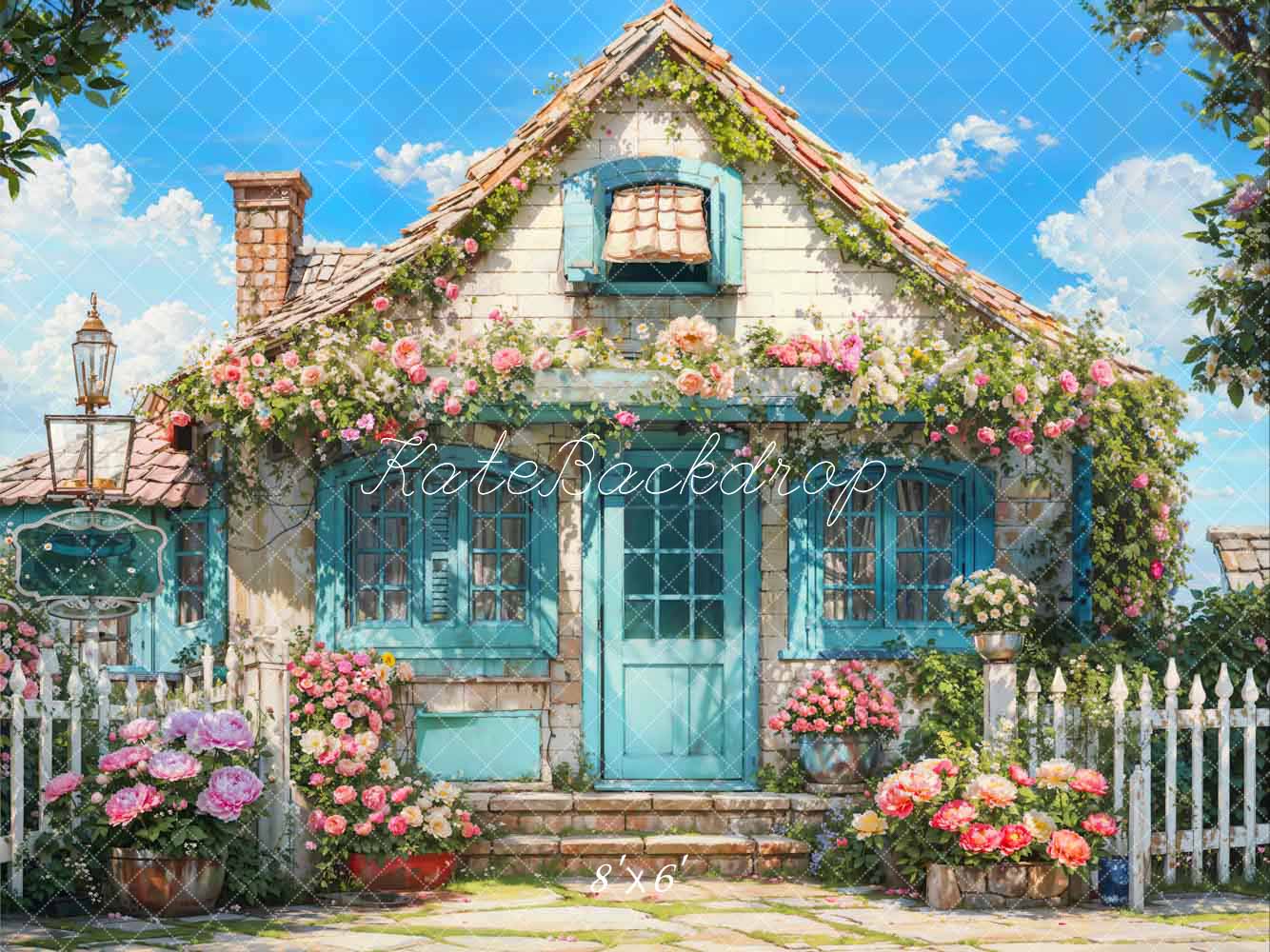 Kate Spring Flowers Fence Blue House Backdrop Designed by Emetselch - Image 3