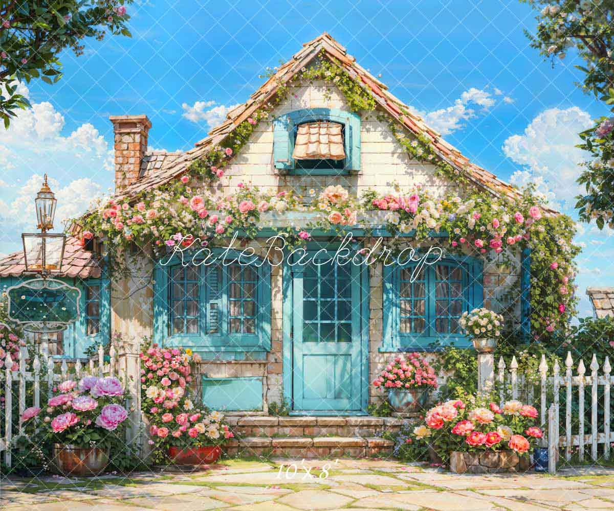 Kate Spring Flowers Fence Blue House Backdrop Designed by Emetselch - Image 4