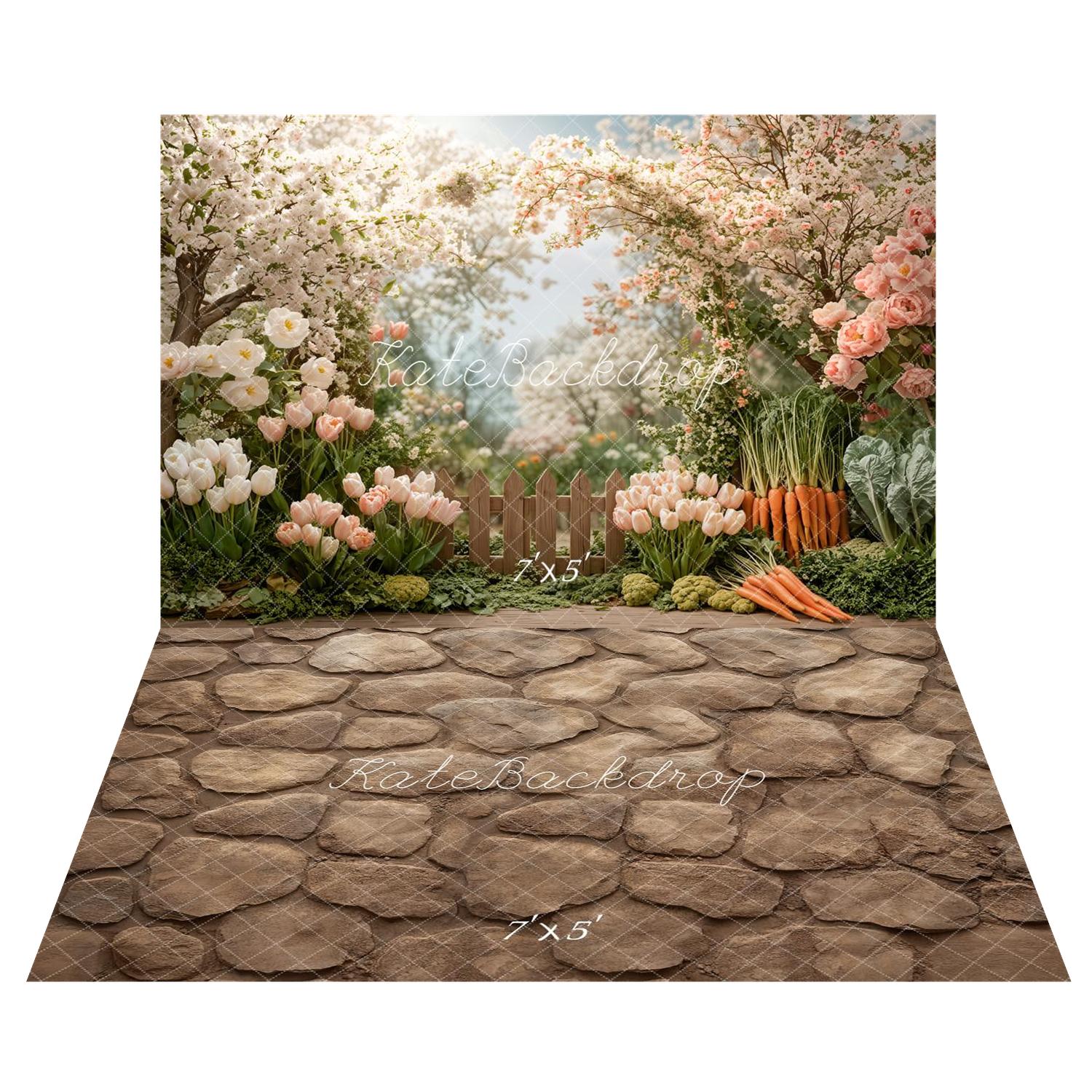 Kate Spring Flowers Garden Vegetables Backdrop+Stone Vintage Floor Backdrop - Image 2