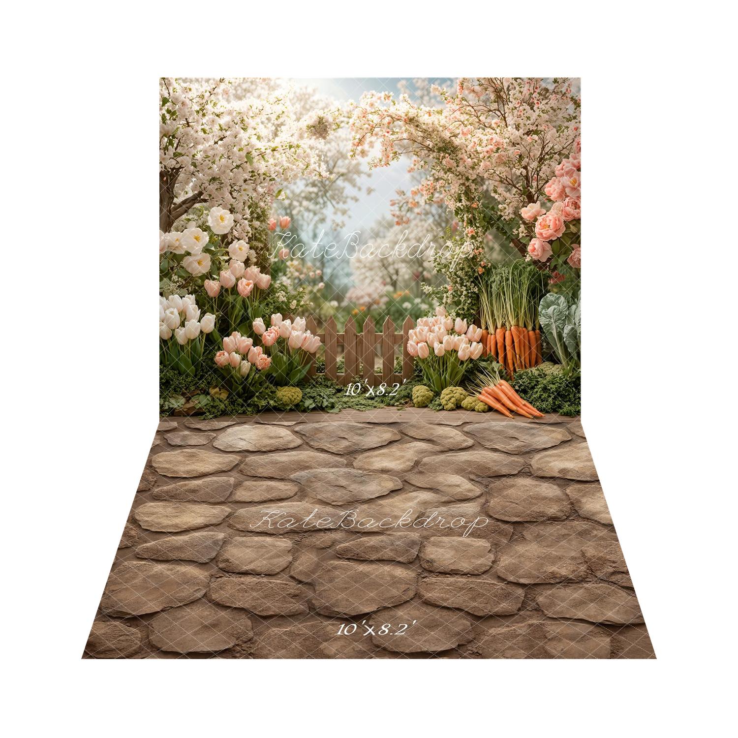 Kate Spring Flowers Garden Vegetables Backdrop+Stone Vintage Floor Backdrop - Image 3
