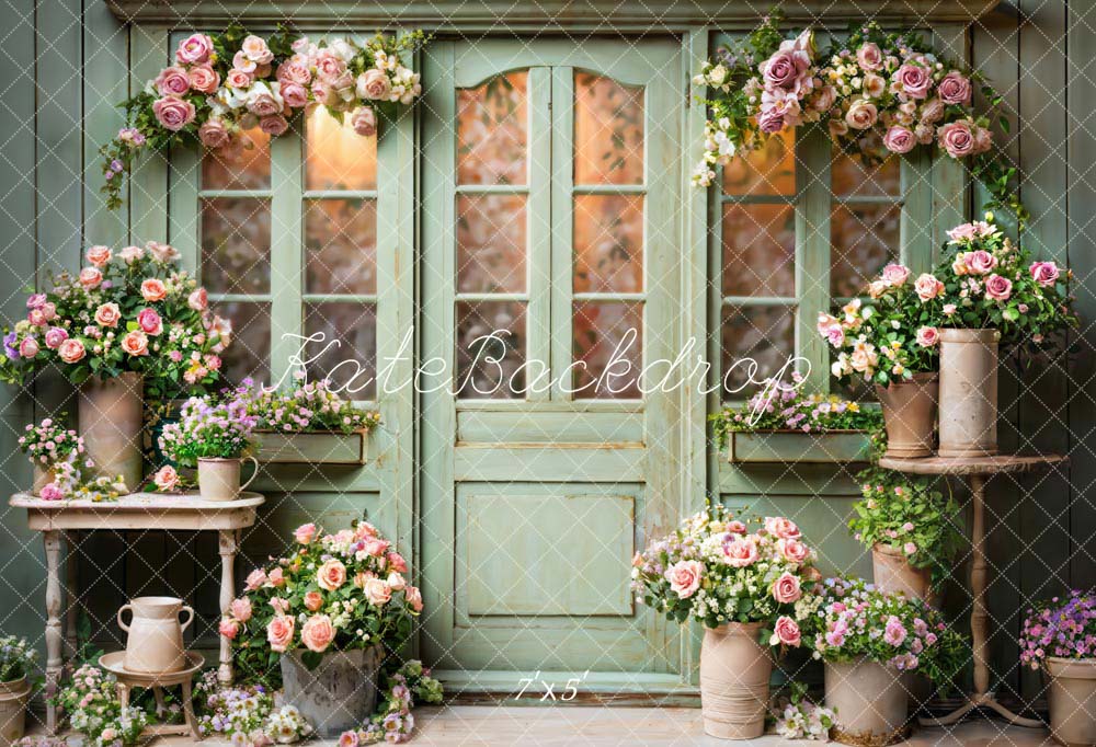 Kate Spring Flowers Green Wooden Door Backdrop Designed by Emetselch - Image 2