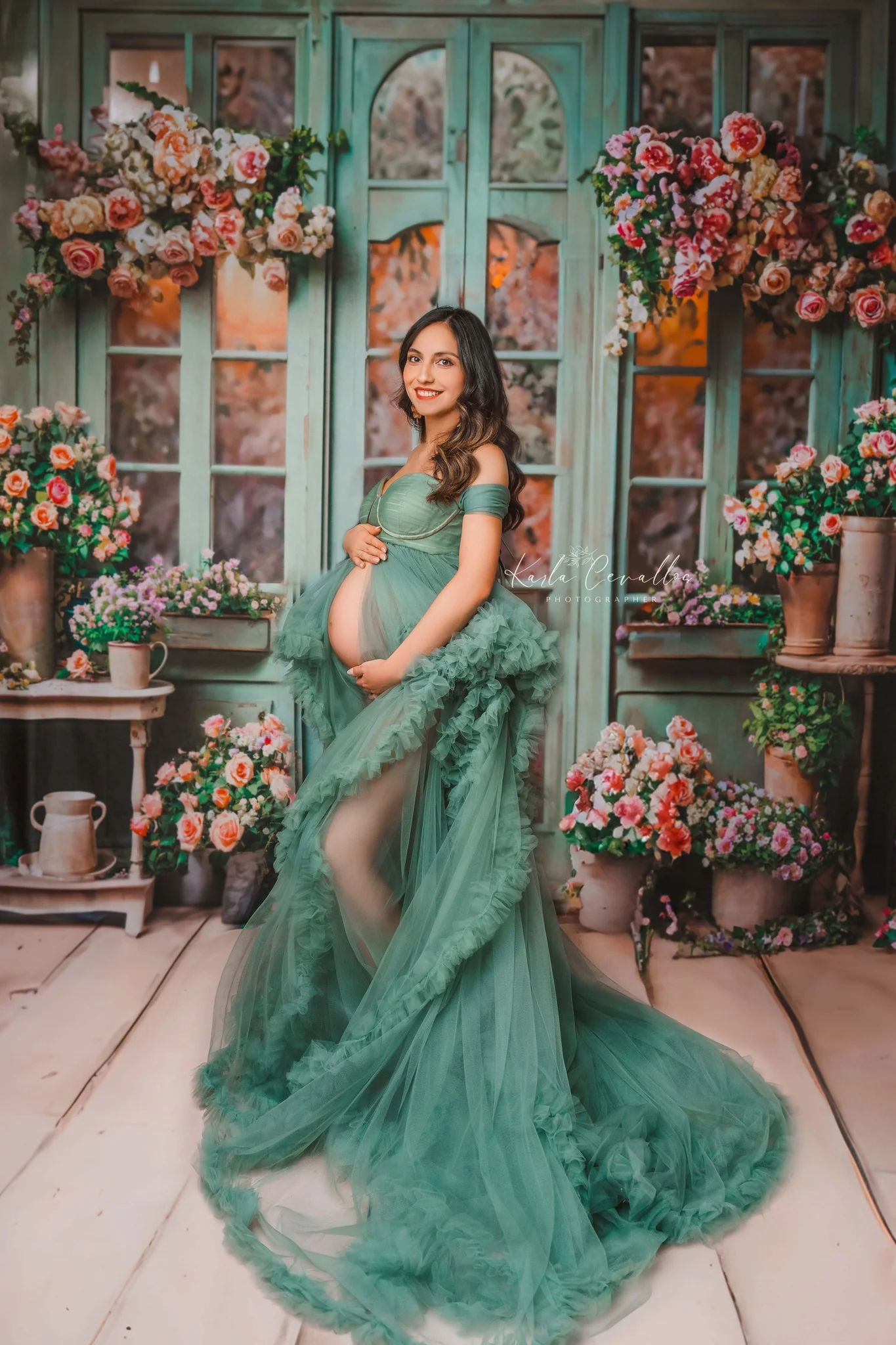 Kate Spring Flowers Green Wooden Door Backdrop Designed by Emetselch - Image 3