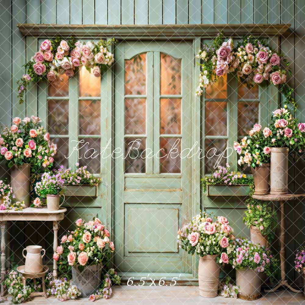Kate Spring Flowers Green Wooden Door Backdrop Designed by Emetselch - Image 5