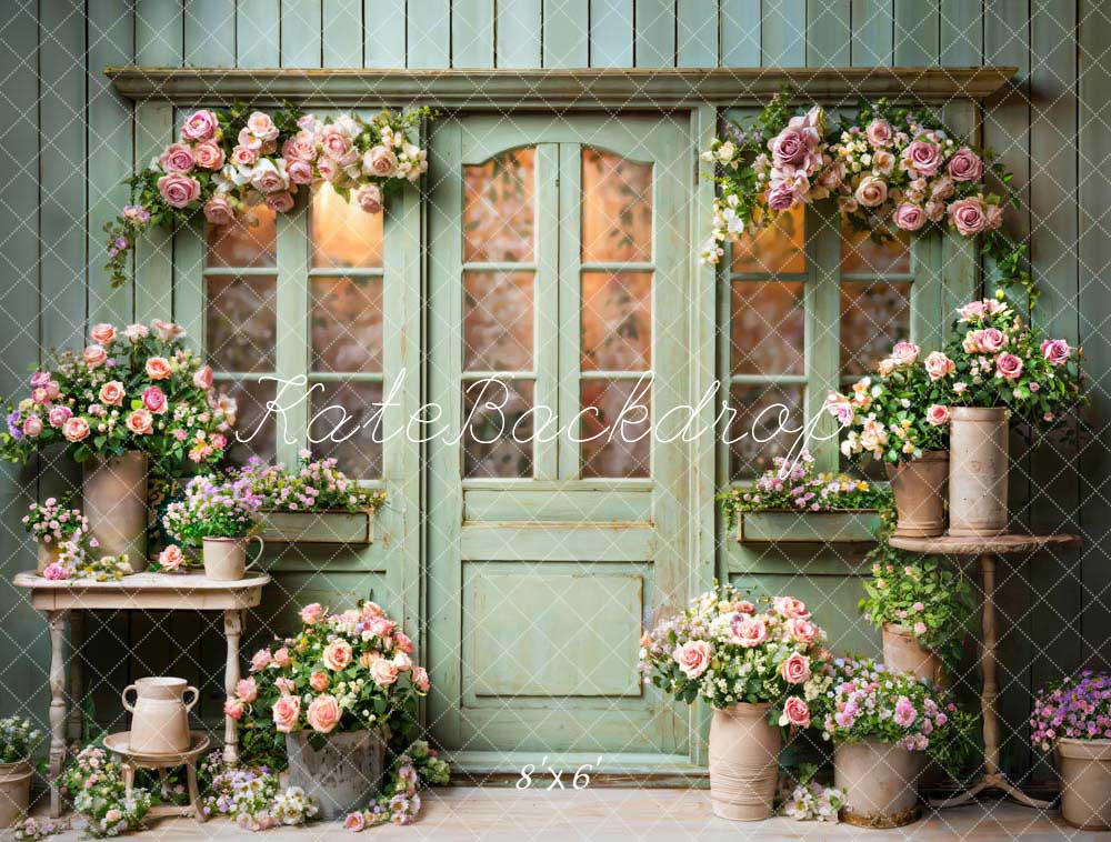 Kate Spring Flowers Green Wooden Door Backdrop Designed by Emetselch - Image 6