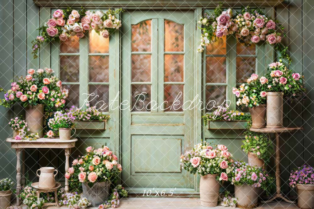 Kate Spring Flowers Green Wooden Door Backdrop Designed by Emetselch - Image 7