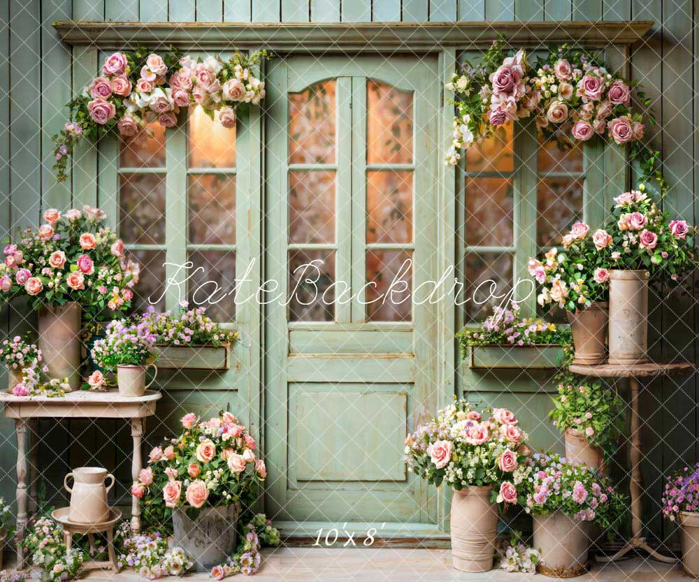 Kate Spring Flowers Green Wooden Door Backdrop Designed by Emetselch - Image 8